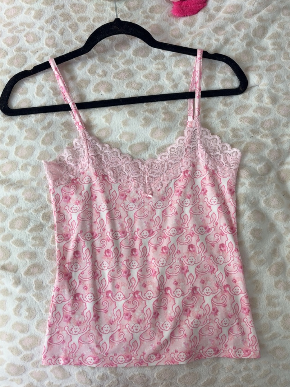 Roller Rabbit Pink Lace-Trim Camisole with Playful Monkey Print